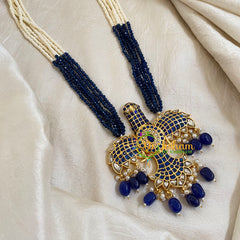 half and Half Blue White Bead Jadau Kundan Pendant Mala-Garudan -J1654