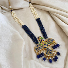 half and Half Blue White Bead Jadau Kundan Pendant Mala-Garudan -J1654