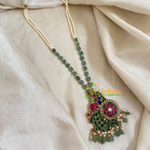 Green and White Bead Jadau Kundan Pendant Mala -J1655