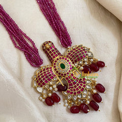 Half and Half Maroon Bead Jadau Kundan Pendant Mala -Garudan-J1664