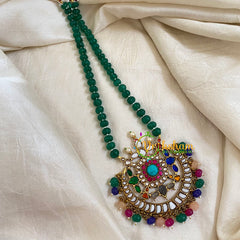 Single Strand Green Bead Jadau Kundan Pendant Mala -Navrathna-J1665
