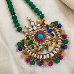 Single Strand Green Bead Jadau Kundan Pendant Mala -Navrathna-J1665