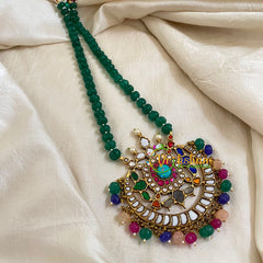 Single Strand Green Bead Jadau Kundan Pendant Mala -Navrathna-J1665
