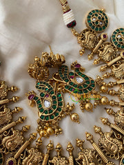 Precious Kemp Stone Green Coin with Peacock Design Short Haram-G4442