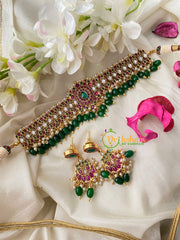 Premium AD Stone High Neck Choker -Green Bead -G4573