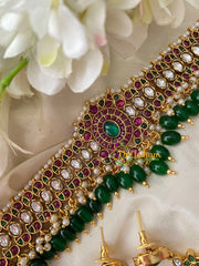 Premium AD Stone High Neck Choker -Green Bead -G4573