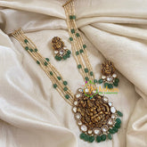 Multilayer White and Green Bead Jadau Kundan Pendant Mala-Lakshmi pendant -J1672