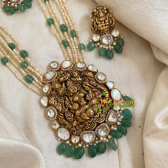 Multilayer White and Green Bead Jadau Kundan Pendant Mala-Lakshmi pendant -J1672
