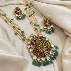 Multilayer White and Green Bead Jadau Kundan Pendant Mala-Lakshmi pendant -J1672