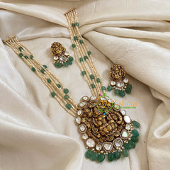 Multilayer White and Green Bead Jadau Kundan Pendant Mala-Lakshmi pendant -J1672