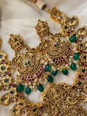 Traditional Lakshmi Pendant Maanga Peacock Neckpiece-Green Bead-G4449
