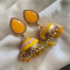 Yellow Meenakari Jhumkas-Hand painted-Thilak Stud-G3711