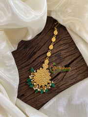 Precious Jadau Kundan Maang Tikka -Green Bead Pearl-J1225