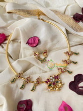 Premium AD Stone Lotus Pendant Hasli Choker-Peacock-Gold Bead-G4583