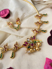 Premium AD Stone Lotus Pendant Hasli Choker-Peacock-Gold Bead-G4583