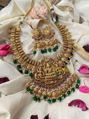 Antique Gold Lakshmi Temple Short Neckpiece-Green Bead-G4486