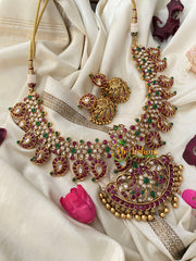 AD Stone Maanga Neckpiece with Peacock -Red White Green -G4487