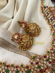 AD Stone Maanga Neckpiece with Peacock -Red White Green -G4487