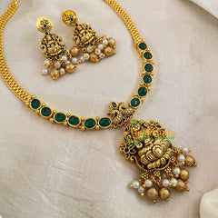 Green Gold Look Alike Lakshmi Pendant Short Neckpiece-Gold bead-G10635