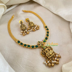 Green Gold Look Alike Lakshmi Pendant Short Neckpiece-Gold bead-G10635