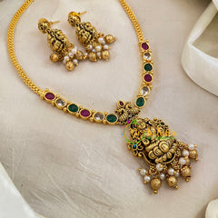 Red Green Lakshmi Pendant Short Neckpiece-Gold bead-G10636