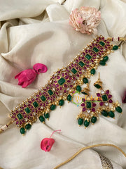 Premium Kemp High neck Choker -Red Green-GREEN BEAD-G4588