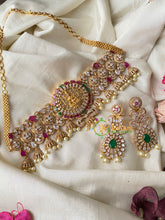 Premium AD Stone Lakshmi High Neck Choker-Red Green-G4589