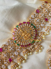 Premium AD Stone Lakshmi High Neck Choker-Red Green-G4589