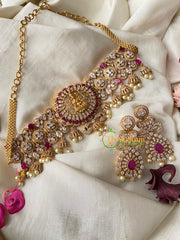 Premium AD Stone Lakshmi High Neck Choker-Red-G4590