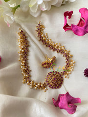 AD Stone Pearl High Neck Choker-Red-G4982