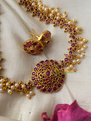 AD Stone Pearl High Neck Choker-Red-G4982