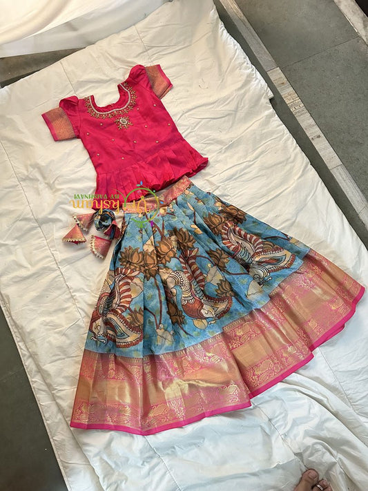 Pink with Light Blue Indian Traditional Girls Lehenga-VS1125