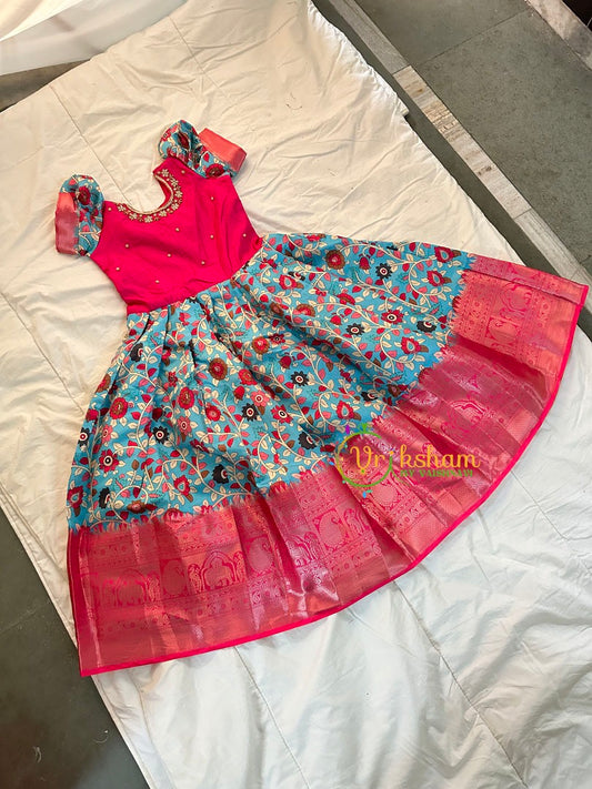 Pink with Light Blue Indian Traditional Dress for Girls- Girls Gown -VS1244