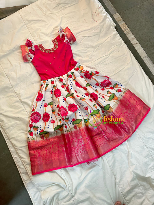 Pink White Pichwai Indian Traditional Dress for Girls- Girls Gown -VS1241