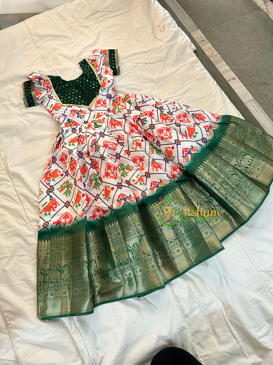 White Green Patola Indian Traditional Dress for Girls- Girls Gown -VS1240