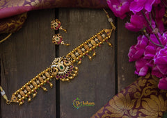 Golden High Neck Choker with Green and Red Stones-G222