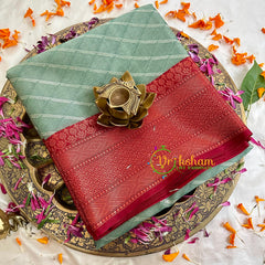 Sage Green with Brick Red Kora Muslin Saree-VS1701