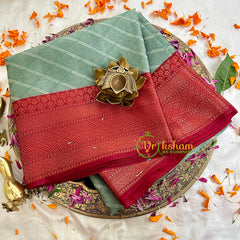 Sage Green with Brick Red Kora Muslin Saree-VS1701