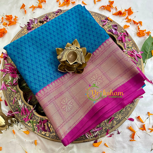 Blue with Pink Kora Muslin Saree-VS1702