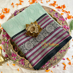Pastel Green with Blue Kora Muslin Saree-VS1703