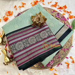 Pastel Green with Blue Kora Muslin Saree-VS1703