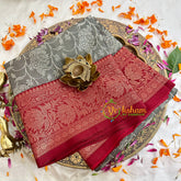 Grey with Red Kora Muslin Saree-VS1708