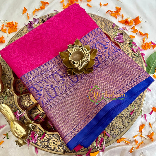 Pink with Blue Kora Muslin Saree-VS1714