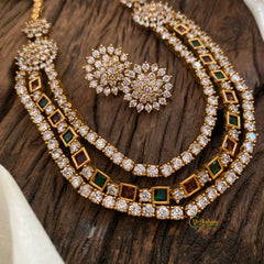 Red Green Layered American Diamond Short Neckpiece -G10805