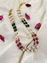 Layered White Pearl Beaded Mala with Red Green Interlude Beads -G5732