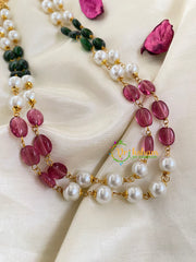 Layered White Pearl Beaded Mala with Red Green Interlude Beads -G5732