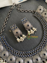 Silver Look Alike Choker Short Neckpiece -Dark Blue-S730
