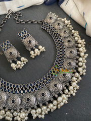 Silver Look Alike Choker Short Neckpiece -Dark Blue-S730