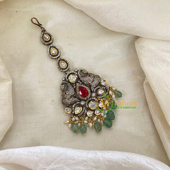Green Bead Victorian Diamond Maang Tikka -Red Stone-Elephant-VV498