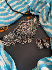 Red Green Stone Silver High Neck Choker -Lakshmi 1-S0273